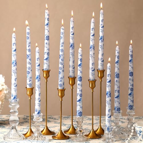 Blue White Elegant Taper Candles 12 Pack - Chinoiserie Floral 10 Inch Decor