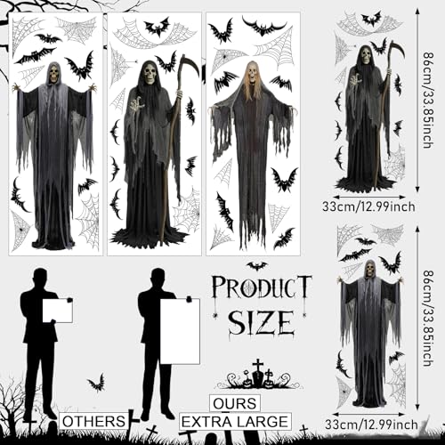Halloween Skeleton Window Clings - Extra Large Ghost & Bat Decor, 3 Sheets