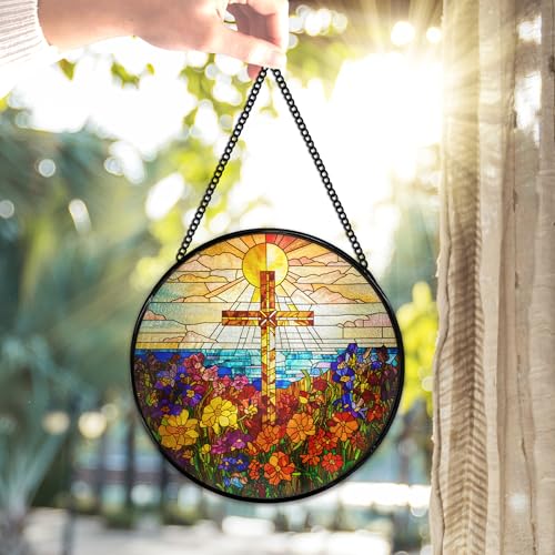 Cross Flower Suncatcher Stained Glass Window Hanging - Religious Wall Art Decor, 7.9 Inch, Color02