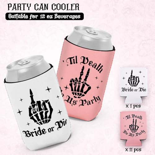 Pink Bride or Die Can Cooler Set - Reusable Gothic Bachelorette Party Drink Sleeves