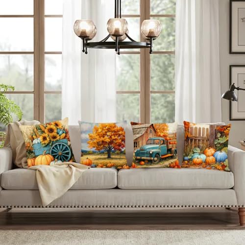 YeeJu Fall Throw Pillow Covers Set of 4 22x22 A-Fall 31 Pumpkin Leaves Sunflower