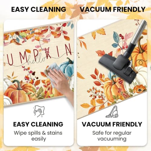 Fall Pumpkin Kitchen Mat Set - Autumn Fall Kitchen Rugs, 3-Piece with Non-Slip Backing