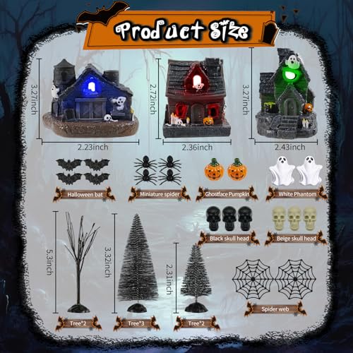 Halloween Village Set with Miniature Houses, Pumpkins & Spiders - 51PCS