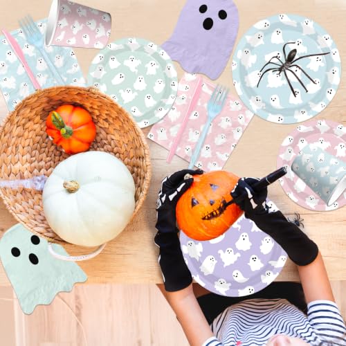 Pastel Halloween Ghost Paper Plates Napkins Cups Set for Parties - 156 pcs