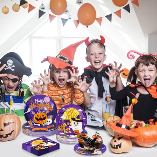 Halloween Party Plates and Napkins Set - Orange05, 150 Pcs Halloween Dinnerware for Up to 50 Guests