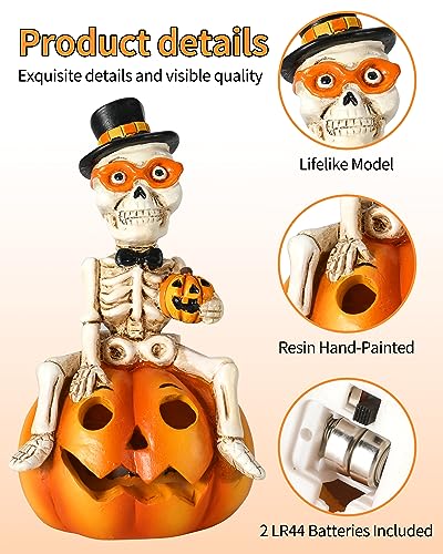 Halloween Indoor Decorations 2-Pack Resin Black Cat & Skeleton Pumpkin Lights