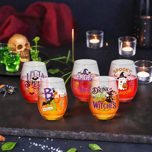 Spooky Halloween Ghost Stemless Wine Glass Set - 8 Pcs, 15 oz, Funny Drinkware