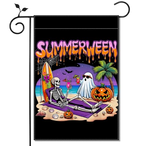 Summerween Garden Flag Spooky Skeleton Ghost Halloween Yard Decor 13x19in