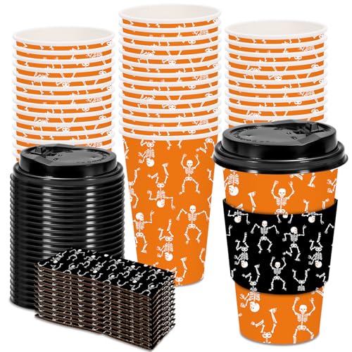 Halloween Skeleton Paper Cups with Lids & Sleeves - 48 Pack, 16oz, Orange Black