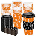 Halloween Skeleton Paper Cups with Lids & Sleeves - 48 Pack, 16oz, Orange Black