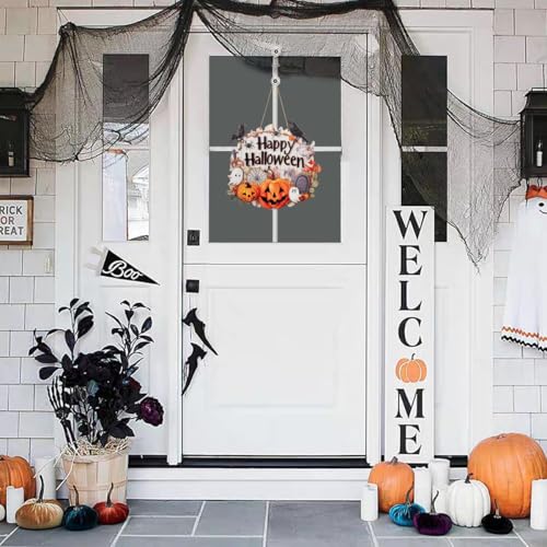 Halloween Wooden Door Sign - Rustic Handcrafted Plaque with Pumpkins Ravens Ghosts Web