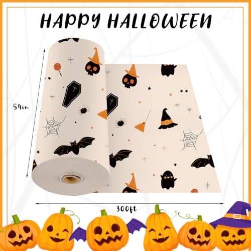 Halloween Beige Plastic Table Cover Roll - 54 x 300 Feet with Slide Cutter - Ghost Bat Pattern, Disposable Party Tablecloth (Variation of THIS listing: 3600" x 54")