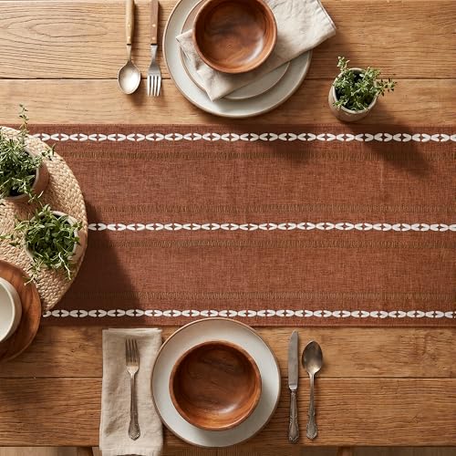 Caramel Rustic Cotton Linen Table Runner 13x72 Inch - Fall Embroidered Decor
