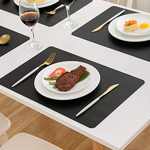 Black Faux Leather Placemats Set of 8 - Modern Dining Table Protectors