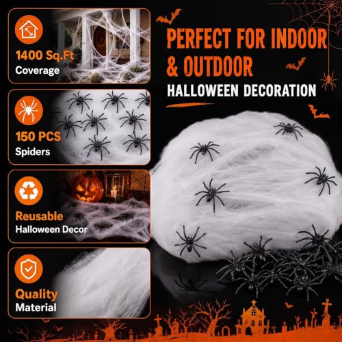 1400 Sqft Halloween Spider Web Decor Set with 150 Fake Spiders - Stretchy, Easy to Install