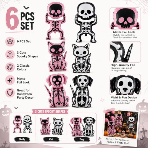 Halloween Skeleton Foil Balloons Set - 6 Black and Pink Skeleton Shape Decorations