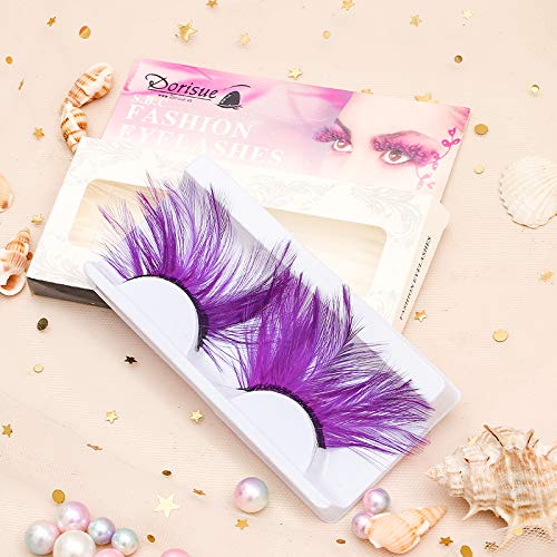 Purple Feather Dramatic Halloween False Eyelashes - Cat Eye Style, Extra Long, Festival Costume