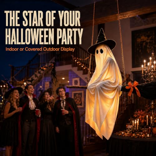 Halloween Flying Witch Ghost Decoration with Lighted Swing for Outdoor Yard & Porch