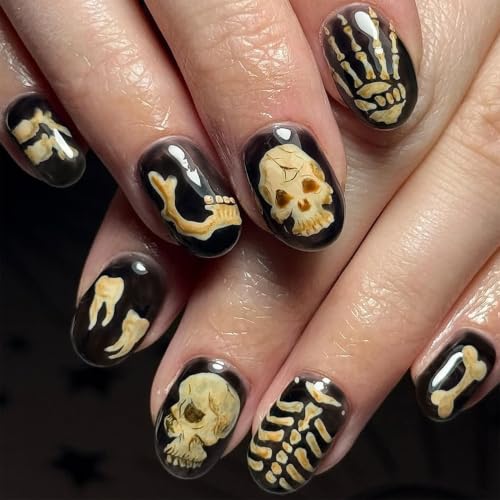 Halloween Short Oval Skeleton Nails Set - Black Gothic Fake Nails with Skeleton Design, 24Pcs - Square Variation 17