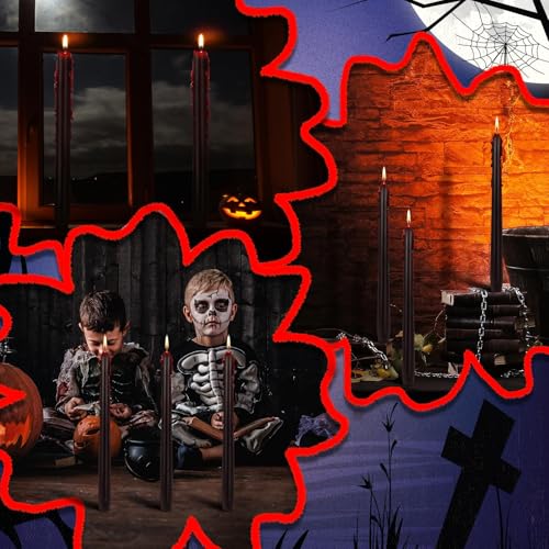 Halloween Bleeding Taper Candles - 8 Pack, 10 Inch Black Candles with Blood Effect