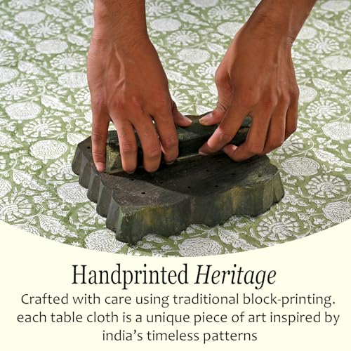 Olive Bloom 60x60 Inch Cotton Block Print Square Tablecloth - Indian Floral Design