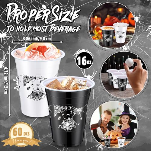 Potchen Halloween Party Disposable Plastic Cups 16oz Black & White Spider Variation of 60 Pcs