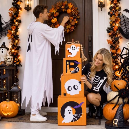 Halloween Porch Decor Set - Stacked Pumpkin and Ghost Boo Box with Wooden Crates - Fall Outdoor Decor - Variation of Pumpkin and Boo Ghost