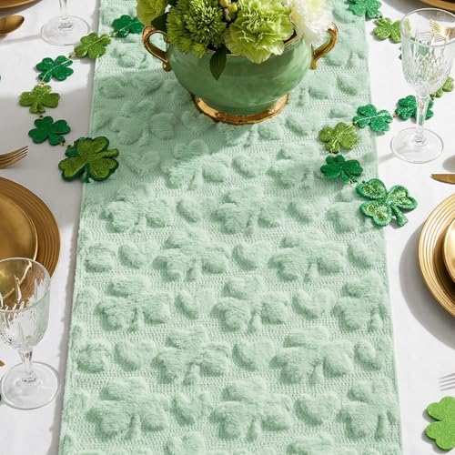 Sage Green Faux Fur Heart & Clover Table Runner 13x60 Inch Seasonal Kitchen Decor