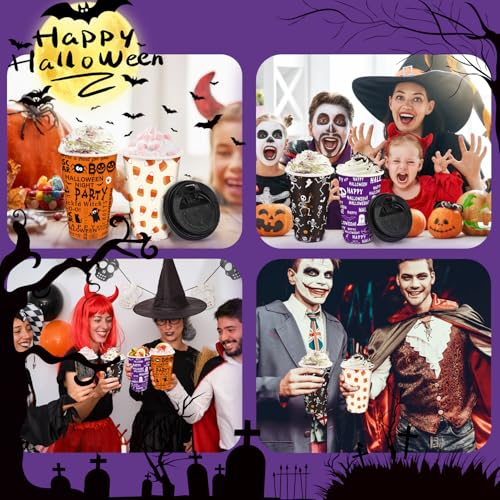 Halloween 16oz Disposable Coffee Cups with Lids - 48 Pack Party Supplies