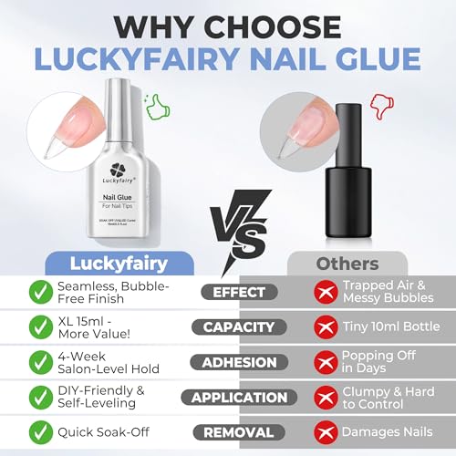 Luckyfairy Gel Nail Glue 15ml - Bubble-Free, Strong Adhesion for Tips & Tips