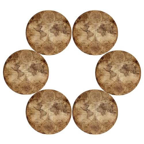 Round Placemat Set of 6 with World Map Design - Heat Resistant & Washable