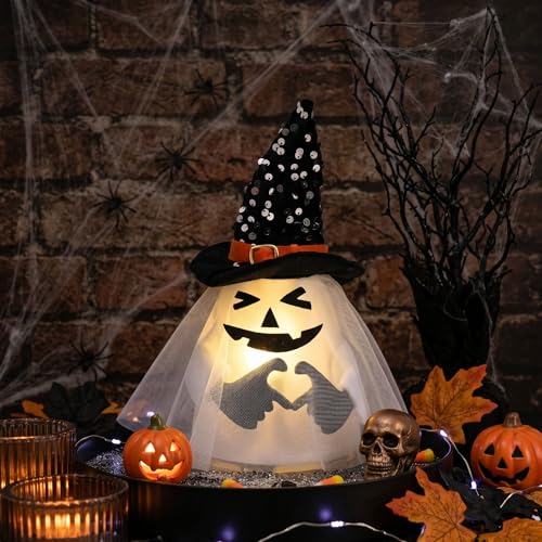 Halloween Ghost Tree Topper with Timer & Lights - 10.5 Inch Indoor Christmas Decor