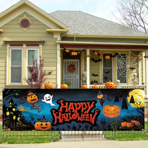 Halloween Fence Banner 118x35 Inch - Outdoor Waterproof Yard Decoration with Ghosts & Pumpkins - 10x3FT Variation 283-1