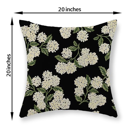 20x20 Inch Set of 2 Black Pillow Covers with Hydrangea Floral Pattern - Outdoor Linen Cushion Cases