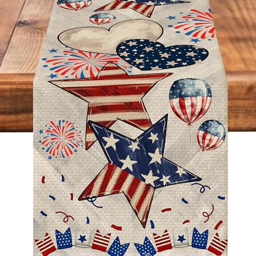 4th of July Fireworks Table Runner - Patriotic Linen Decor with Hearts Variation