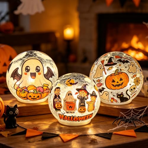 White Elf Halloween Crackle Glass Ball Lights - 3 PCS LED Table Lamps with Timer