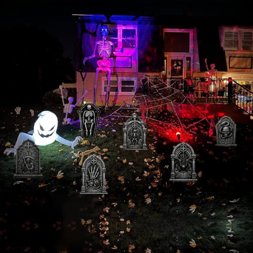 17 Inch Halloween Skeleton Tombstones Outdoor Decorations - 6 Pack Spooky Cemetery Set