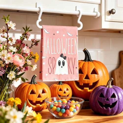 Pink Ghost Halloween Kitchen Towels Set - Fall Spooky Dishcloths, 2 Pack