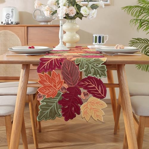Fall Table Runner with Embroidered Maple Leaves - 36 Inches Long - Red & Green