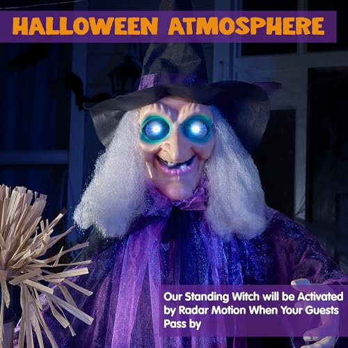Purple Outdoor Halloween Animatronic Witch - Life Size with LED Eyes & Creepy Sound