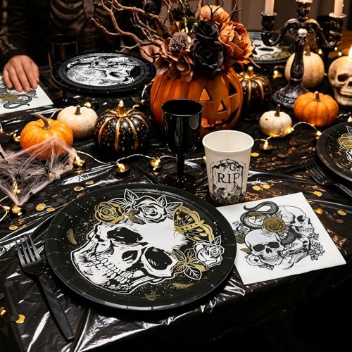 Gothic Halloween Party Tableware Set for 24 Guests - Disposable Plates Cups Napkins & Tablecloth
