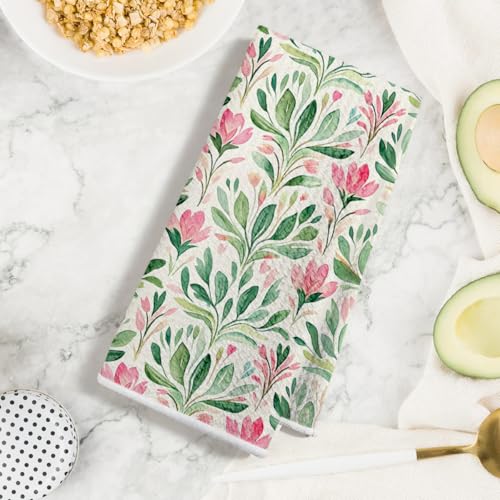 Watercolor Floral Kitchen Towels Set - Pink & Green Dish Cloths, Multi 1413, 4 Pack