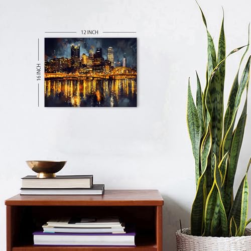Pittsburgh Skyline Wall Art Canvas Print - Night Cityscape Panorama, 16x12 Inches, Modern Home Decor