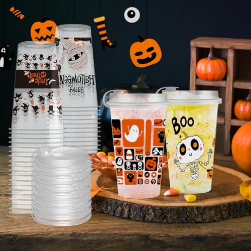 Halloween Plastic Cups 16oz with Lids - 48 Pack, Spooky Ghost, Pumpkin & Spider Designs