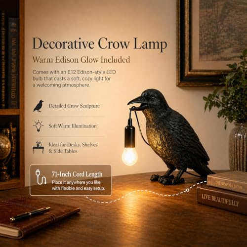 Gothic Crow Table Lamp with Edison Bulb, Halloween Indoor Decor, Resin Figurine, 9.5 Inch