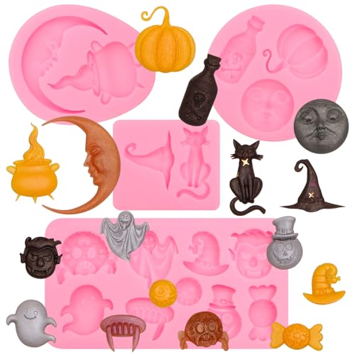 Halloween Silicone Candy & Chocolate Molds Set - Pumpkin, Ghost, Witch Hat, Cat, Skull, Eyeball Shapes for Baking & Crafting