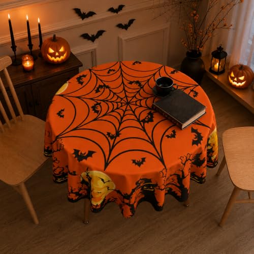 Halloween Round Tablecloth 60 Inch Pumpkin Spider Web Bat Water-Resistant Reusable Table Cover - Orange