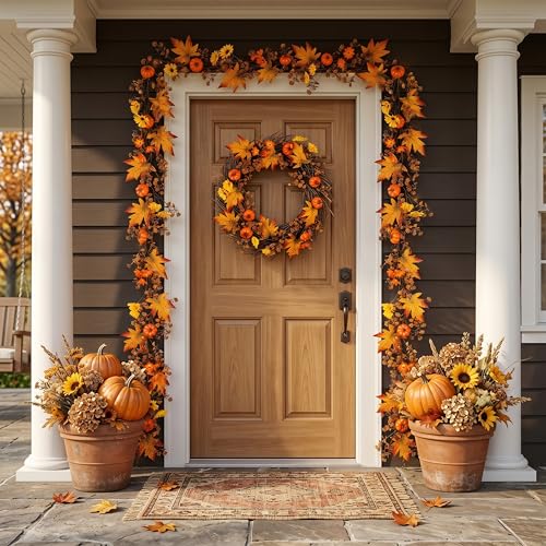 Fall Orange 6ft Fake Maple Leaf Garland for Autumn Thanksgiving Harvest Decor