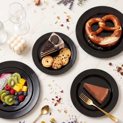 Black Plastic Disposable Plates Set 50 Pack - 25 Dinner & 25 Dessert Plates - Black / 50