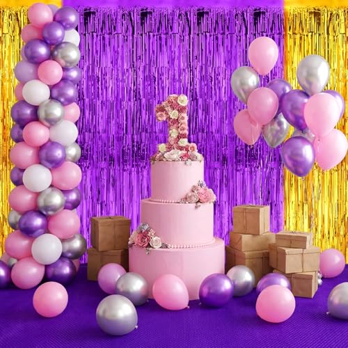Purple and Gold Carpet Runner Aisle 2.6 x 30 Feet with Carpet Tape & Tassel Curtains